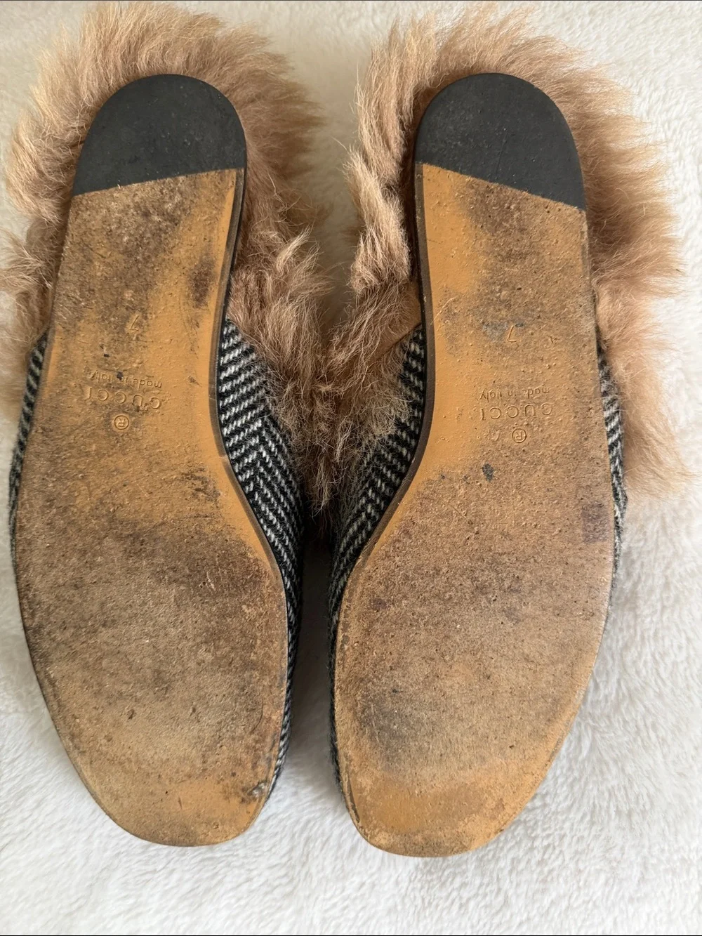 Gucci Black and Brown Fur-Lined Herringbone Princetown Mules
